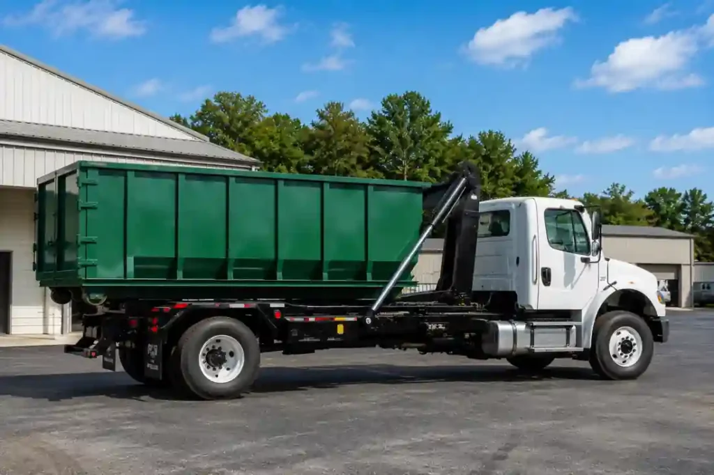 Roll-Off Dumpster Rental in Asheville, NC - Fast, Local & Flat-Rate 3 Realistic white roll-off dumpster truck carrying a green 15-yard dumpster container in a clean industrial lot with buildings, trees, and bright daytime sky.